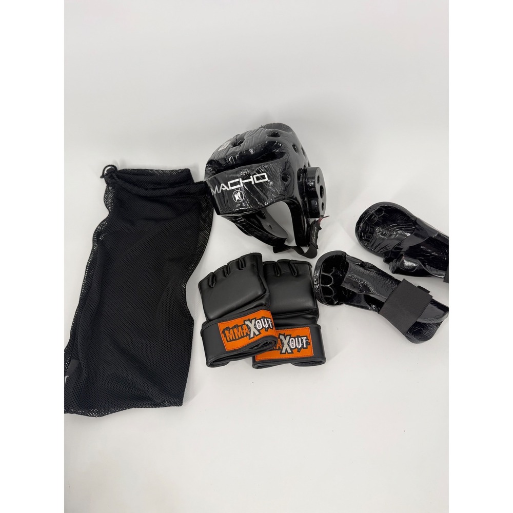 MMA Sparring Gear Set Macho Headgear M MMA‎ XOUT Gloves XL Forearm Guards Bag